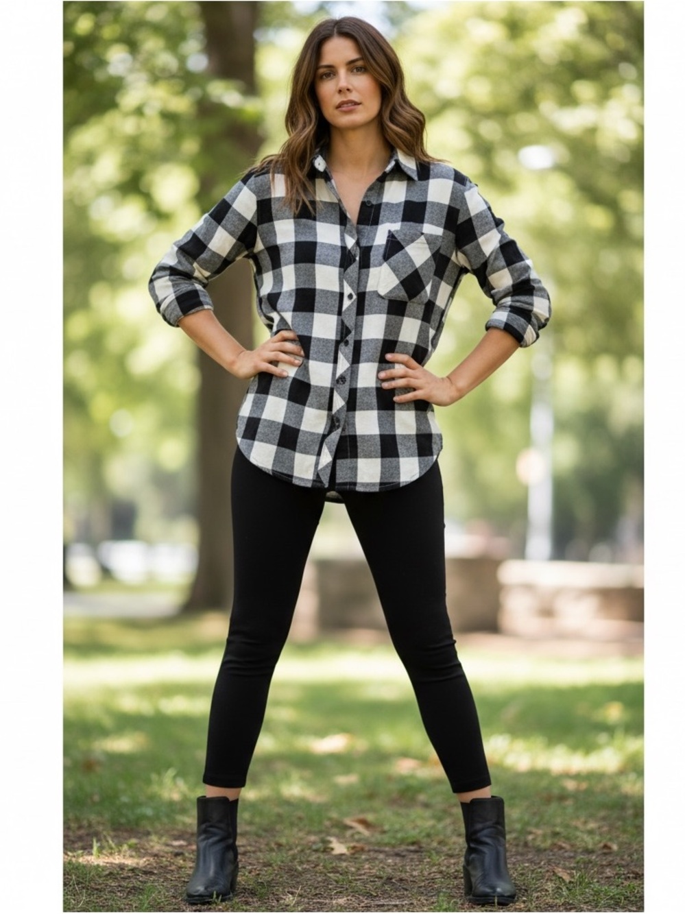 NWT Universal Thread Checked Black/Off White Long Sleeve Women's Shirt Size L